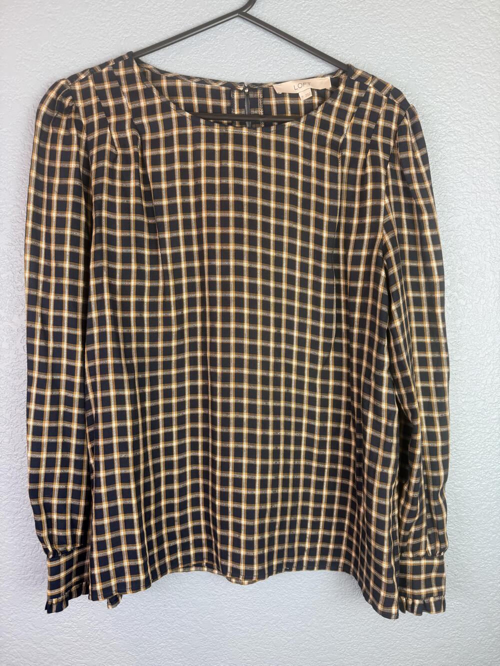 LOFT Blouse Womens Medium Blue Plaid Ruffle Cuff Long Sleeve Pullover Top